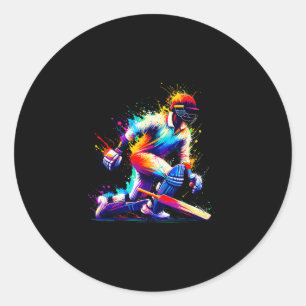 Pegatina Redonda Arte colorido de salpicaduras jugador de cricket T