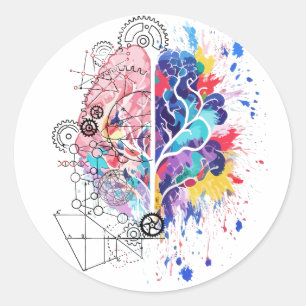 Pegatina Redonda Arte creativo de cerebro izquierdo vs derecho