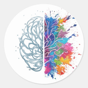 Pegatina Redonda Arte creativo de cerebro izquierdo vs derecho
