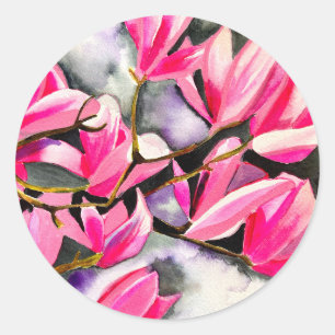 Pegatina Redonda arte de acuarela de magnolia rosa