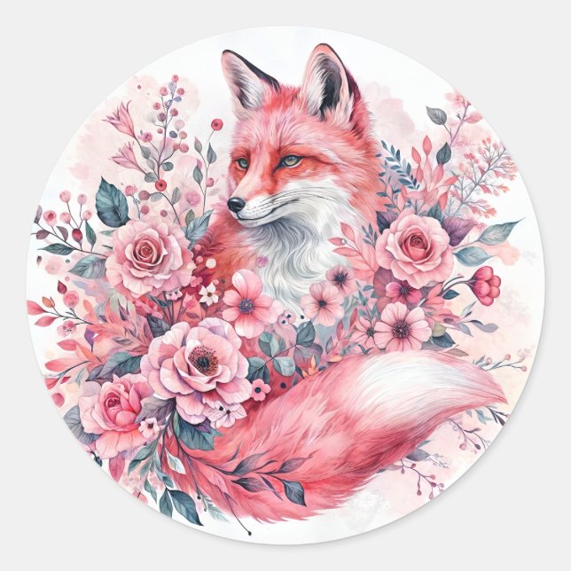Pegatina Redonda Arte de acuarela floral de Fox rosa (Anverso)