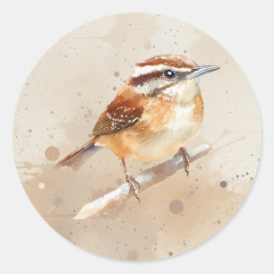 Pegatina Redonda Arte de animal de acuarela de pájaro reyezuelo lin