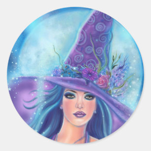 Pegatina Redonda Arte de bruja Mallory Halloween de Renee Lavoie
