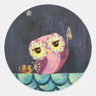 Pegatina Redonda Arte De Búho - Atrapa Una Estrella Caída