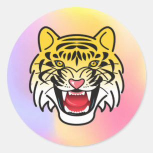 Pegatina Redonda Arte de Cara de Tigre Sonriente-21876