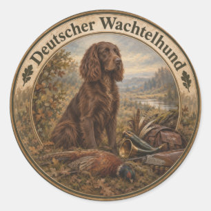 Pegatina Redonda Arte de caza con Wachtelhund, Spaniel alemán