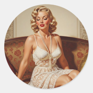 Pegatina Redonda Arte de chica pin-up rubia hermosa de los 50