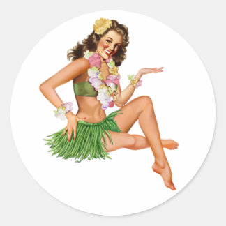 Pegatina Redonda Arte de chica pin up vintage Hula Girl