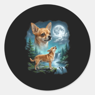 Pegatina Redonda arte de Chihuahua en noche de luna aullando