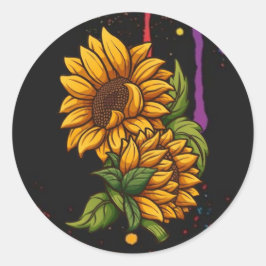 Pegatina Redonda Arte de dibujo de girasoles, amor de girasoles