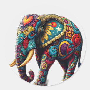 Pegatina Redonda Arte de elefante Kaleidoscópico vibrante