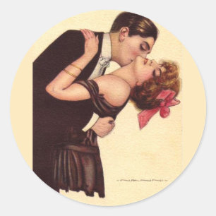 Pegatina Redonda Arte de época ~ Pareja Encolada Romántica