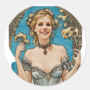 Pegatina Redonda Arte de estilo mucha de la rubia corta V1