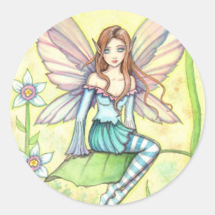 Pegatina Redonda Arte de fantasía de hada de flor pequeña linda