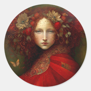 Pegatina Redonda Arte de fantasía de hadas rojas