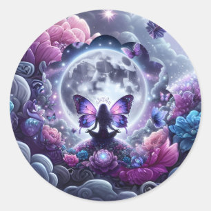 Pegatina Redonda Arte de fantasía de luna llena de hada mariposa Ze
