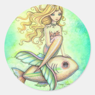 Pegatina Redonda Arte de fantasía de sirena y pez lindo