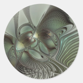 Pegatina Redonda Arte de fantasía fractal gris verde oliva abstract