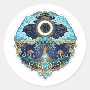 Pegatina Redonda Arte de fantasía nocturna de la luna y el árbol de