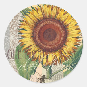 Pegatina Redonda Arte de Flor de Damasco Vintage Girasol