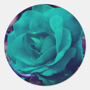 Pegatina Redonda Arte de Flor de Rosa Turquesa