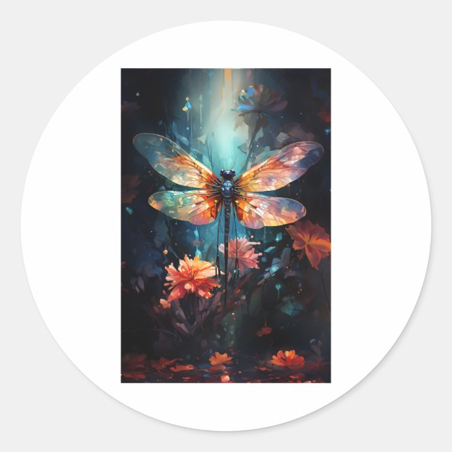 Pegatina Redonda Arte de flores de libélula - Vidrio manchado (Anverso)
