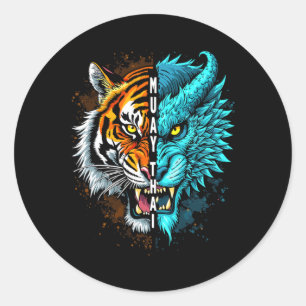 Pegatina Redonda Arte de fusión de tigres tailandeses muay