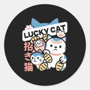 Pegatina Redonda Arte de Gato Afortunado – Maneki Neko con Moneda d