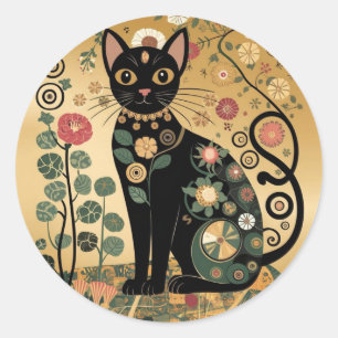 Pegatina Redonda Arte de gato negro decorativo dorado estilo Gustav