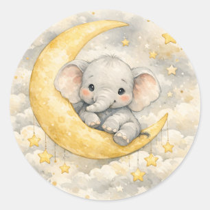 Pegatina Redonda Arte de guardería de la luna del elefante lindo