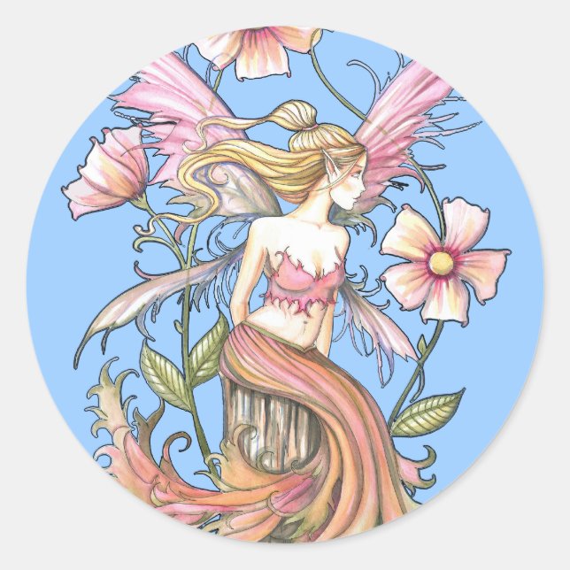 Pegatina Redonda Arte de Hada de Flor Rosa (Anverso)