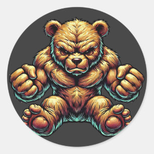 Pegatina Redonda Arte de ilustracion de color del oso Teddy muscula