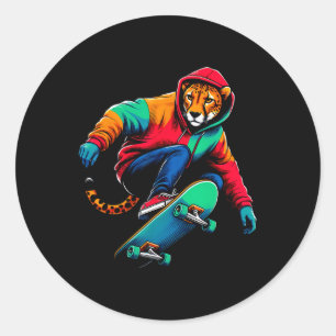 Pegatina Redonda Arte de ilustración de skateboarding de guepardo g