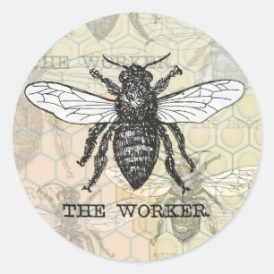 Pegatina Redonda Arte de ilustración vintage de abeja trabajadora