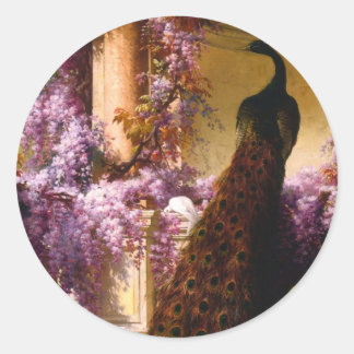 Pegatina Redonda Arte de jardín de pavo real vintage | Wisteria rom