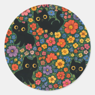 Pegatina Redonda Arte de jardín Kawaii   Patrón floral de gato negr