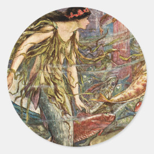 Pegatina Redonda Arte de la sirena del Victorian por H J Ford