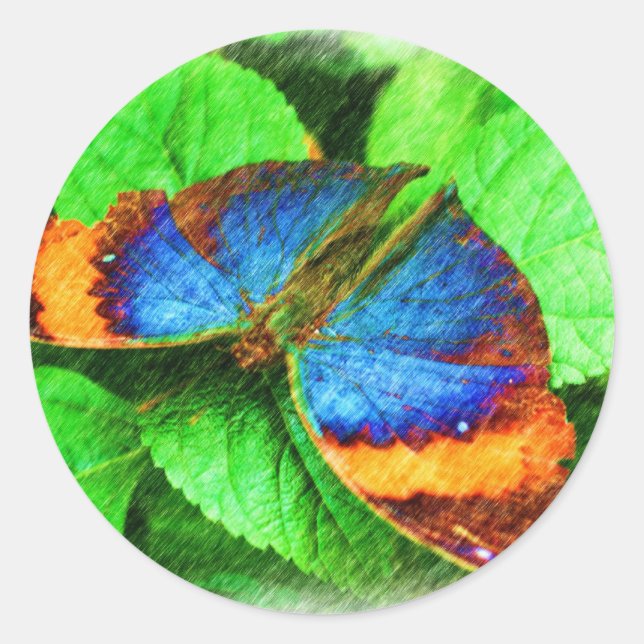 Pegatina Redonda Arte de lápiz de mariposa azul (Anverso)