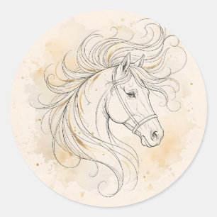 Pegatina Redonda Arte de línea de caballo elegante decoración dorad