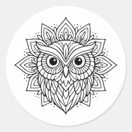 Pegatina Redonda Arte de línea de cabeza de búho Mandala