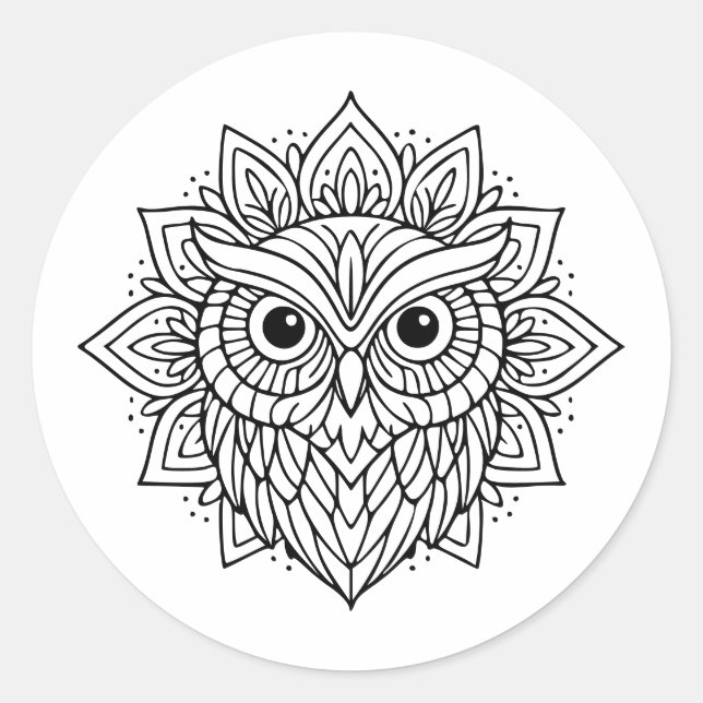 Pegatina Redonda Arte de línea de cabeza de búho Mandala (Anverso)