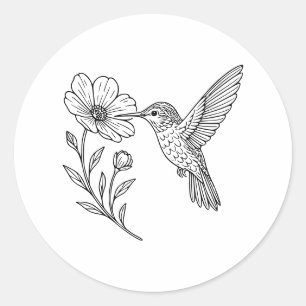 Pegatina Redonda Arte de línea de colibrí detallado con flor silves