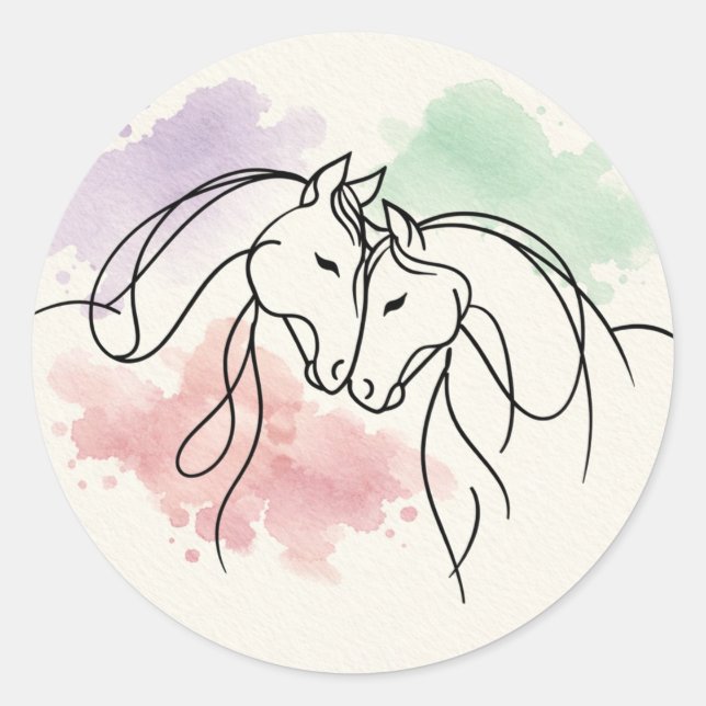 Pegatina Redonda Arte de línea de dos caballos elegante (Anverso)