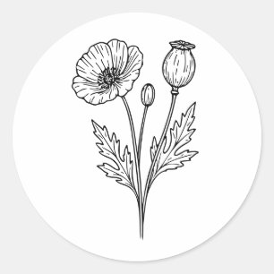 Pegatina Redonda Arte de línea de flor botánica de amapola