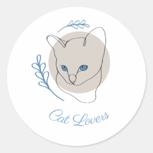 Pegatina Redonda Arte de línea de gato de ojos azules minimalista