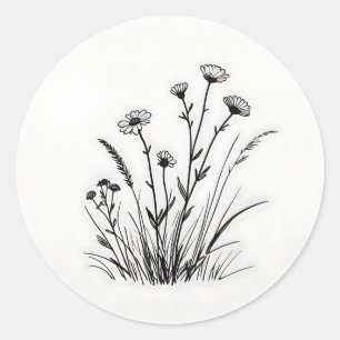 Pegatina Redonda Arte de línea de margaritas de pradera de flores s