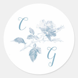 Pegatina Redonda Arte de línea de monograma de boda de rosa azul po
