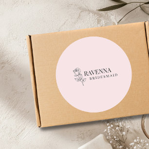 Pegatina Redonda Arte de Línea de Rosa Rosa Luxe con Nombre Persona