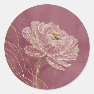 Pegatina Redonda Arte de línea floral dorado rosa polvoriento elega
