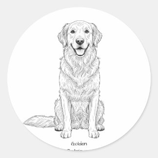 Pegatina Redonda Arte de línea minimalista de Golden Retriever dora